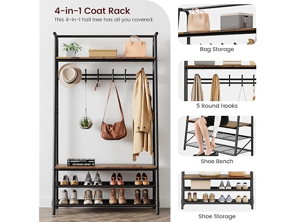OUTLANE 4-in-1 Entryway Hall Tree with Shoe Bench