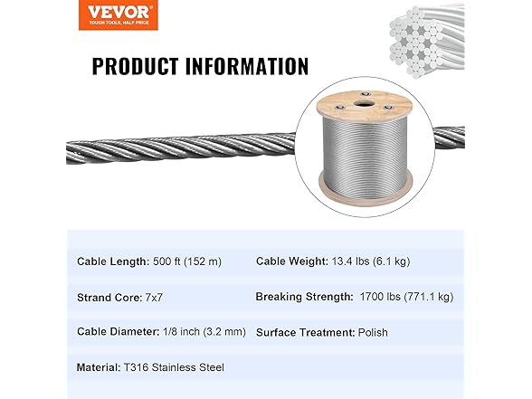 VEVOR T316 Stainless Steel Cable 1/8" 7x7 Steel Wire Rope Cable 500FT