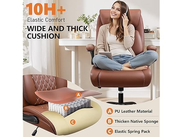 Office Chair, Ergonomic Desk Chair with Lumbar Support for Lower Back Pain Relief, Executive Leather Chair with Padded Flip-up Armrests and Wheels, Brown (Open Box)