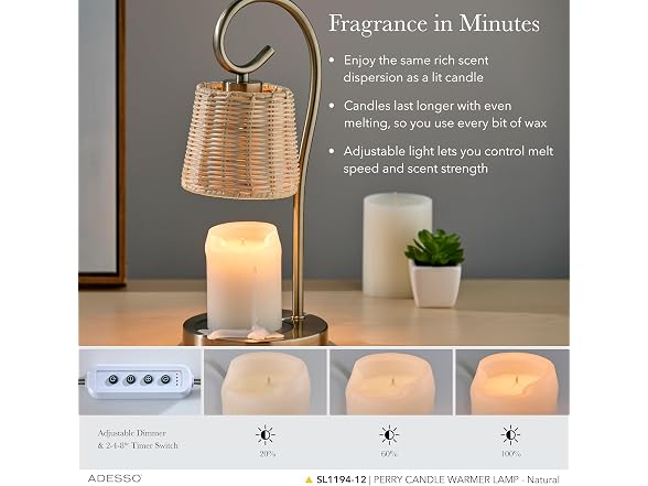 Adesso Candle Warmer Lamp, Antique Brass & Rattan, Dimmable