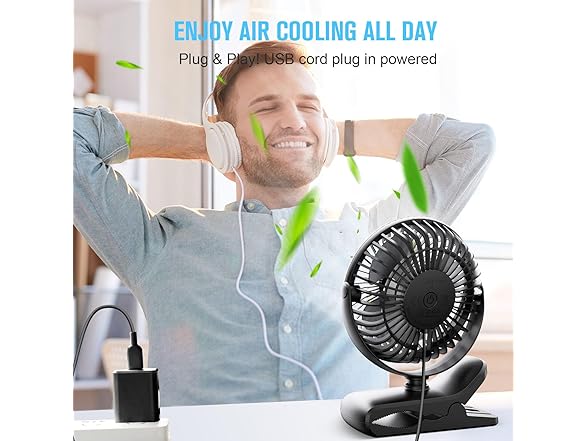BESKAR Small Clip on Fan, 3 Speeds USB Plug