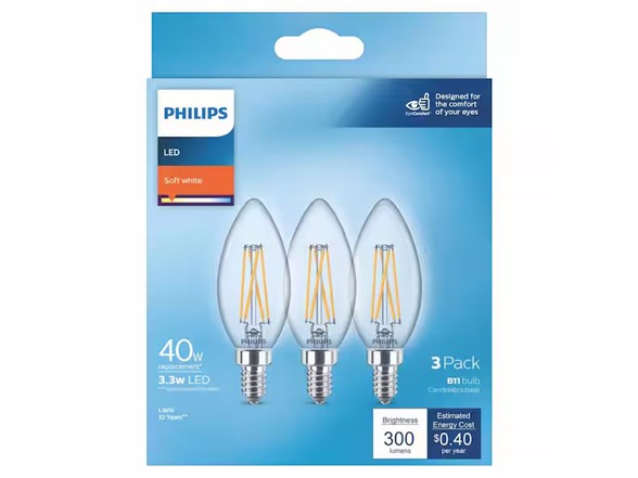 Phillips 3.3W (40W Equivalent) Daylight B11 Candelabra Clear LED Decorative Light Bulb
