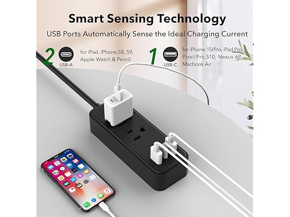 Clear Power 6FT 2-Outlet Power Strip with 3 USB Ports(1 USB-C), Flat Plug