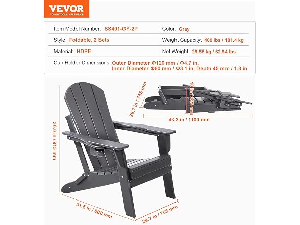 VEVOR Adirondack Chair Plastic, Set of