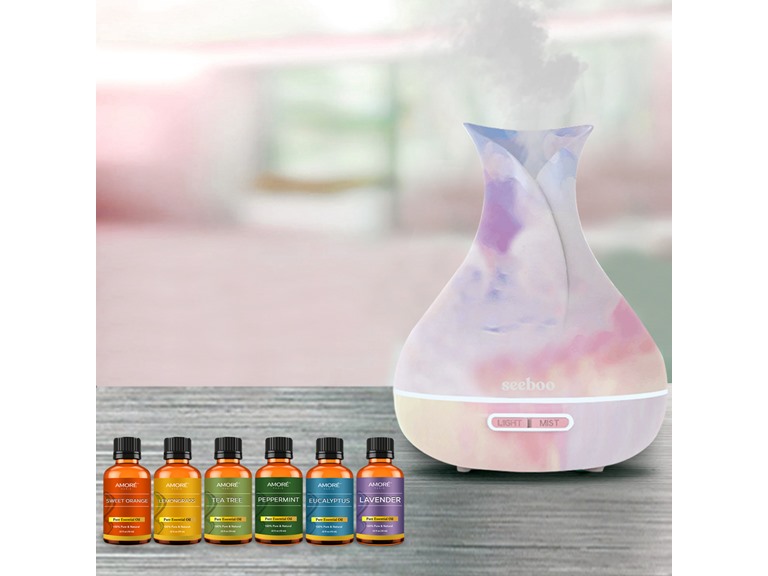 Tie Dyed Unique Ultrasonic Aromatherapy Mist Diffuser Humidifier with Essential Oils Set (7-Pack)