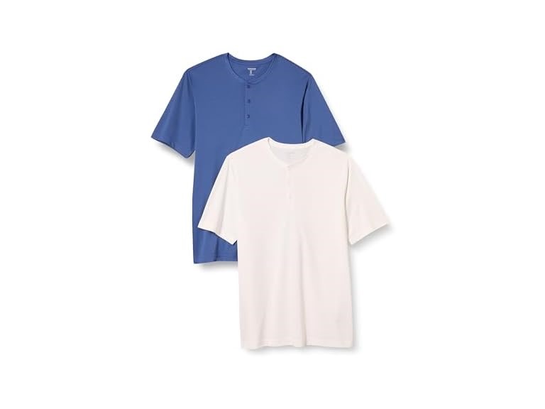 Amazon Essentials Henley Shirts for Men, Short Sleeve, Quick-Dry Jersey, Regular-Fit, 2-Pack, Blue/White, Small