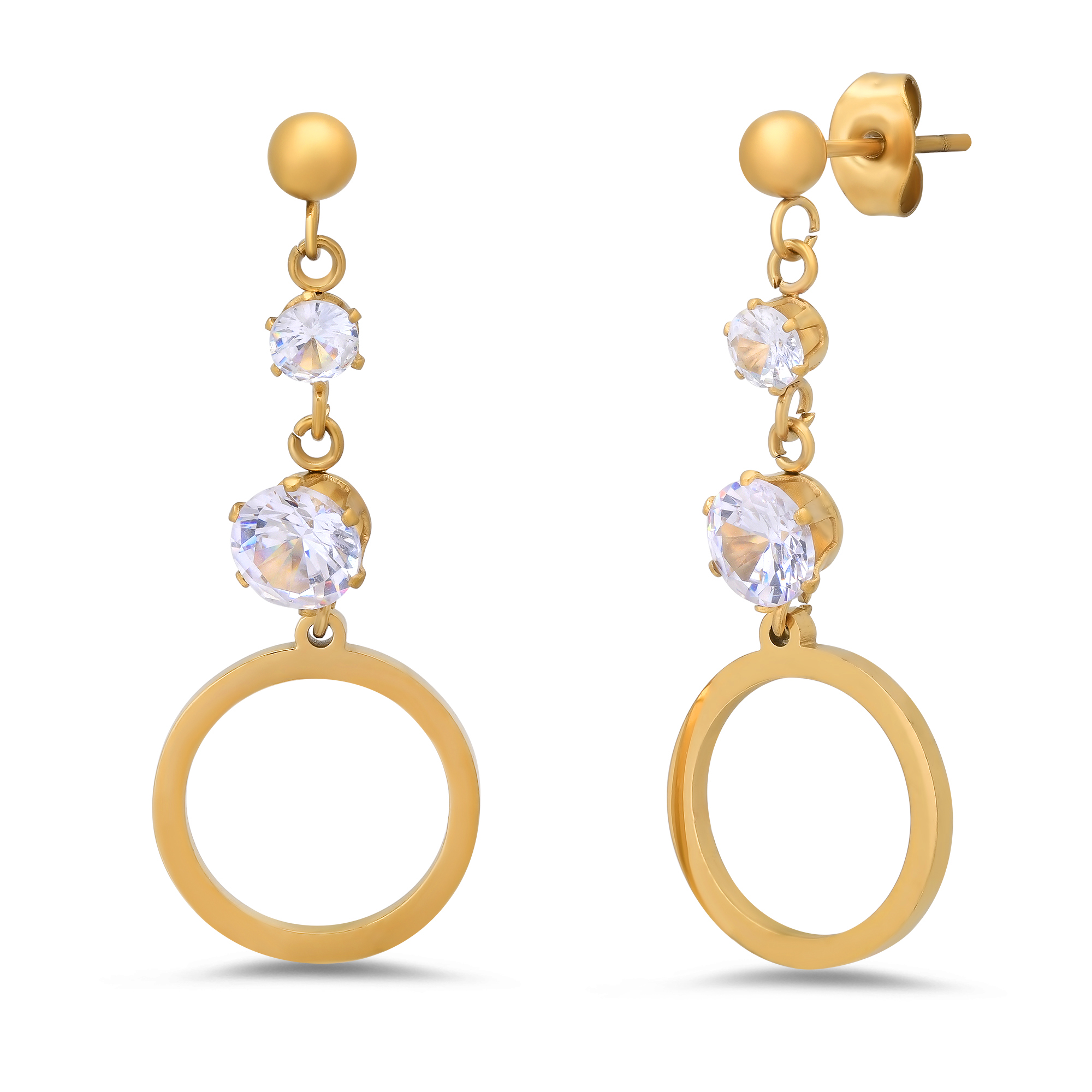 18K Gold CZ Circle Drop Earrings - Gallery 4