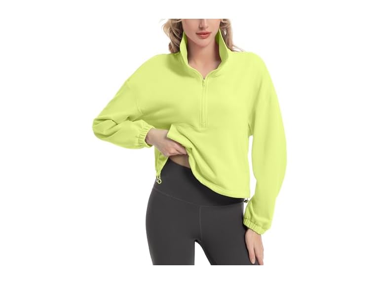 FKEEP Quarter Zip Pullover Women Cropped Sweatshirt Long Sleeve Crop Top Stand Collar Drawstring Casual Pullover zFluorescent Green M