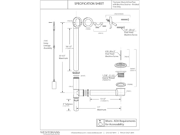 Westbrass 22.5in Waste Overflow Brass