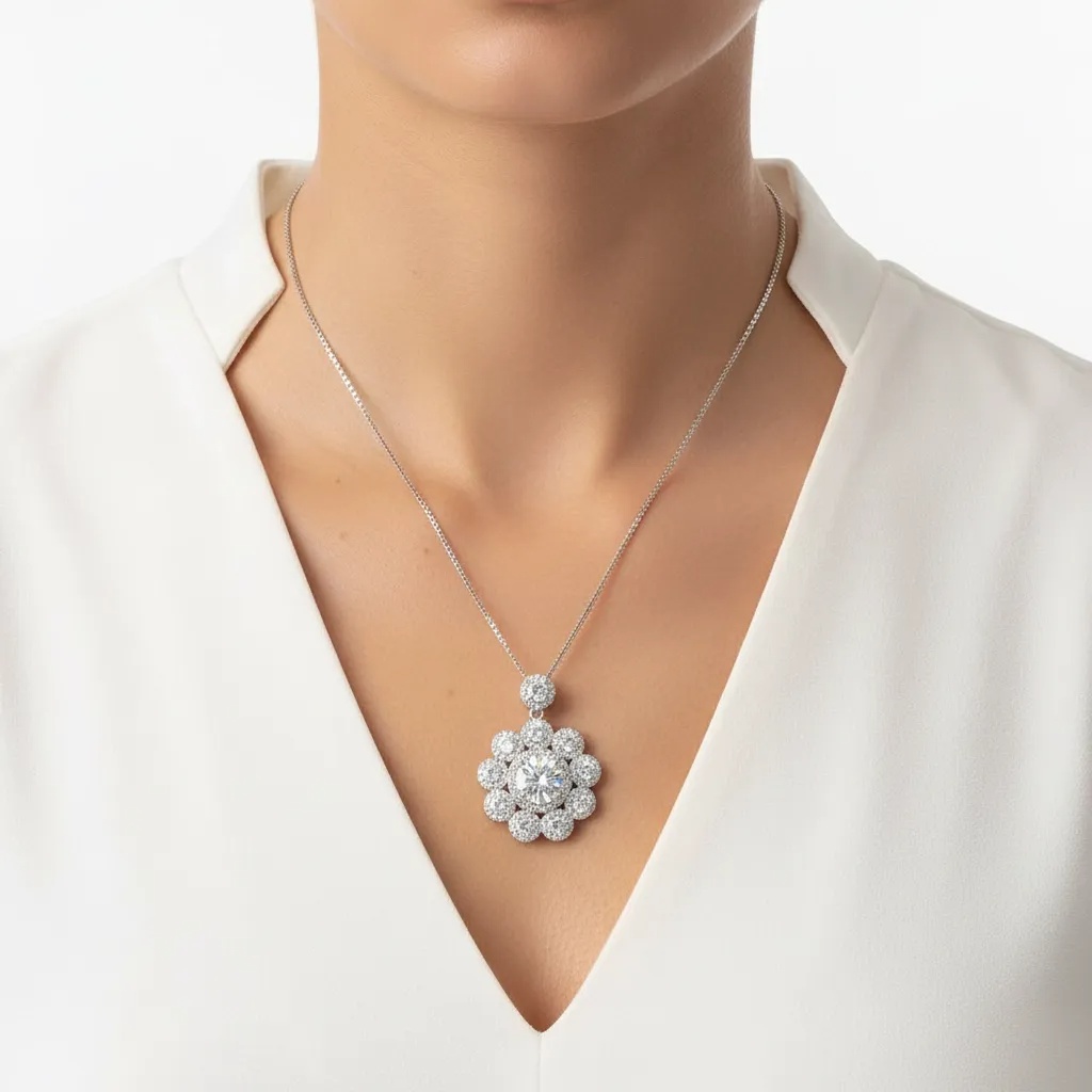 Moissanite Diamond Floral Halo Necklace - Gallery 8