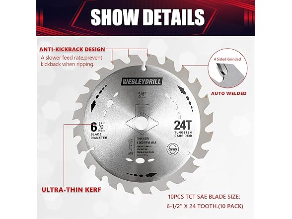 wesleydrill 6.5" Circular Saw Blade 10pk