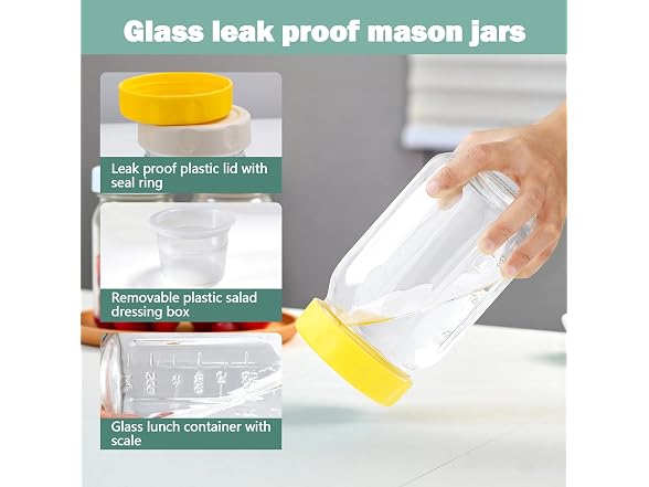 EKACO 4 Pack Glass Salad Jars 32 Oz - Leakproof Mason Jars