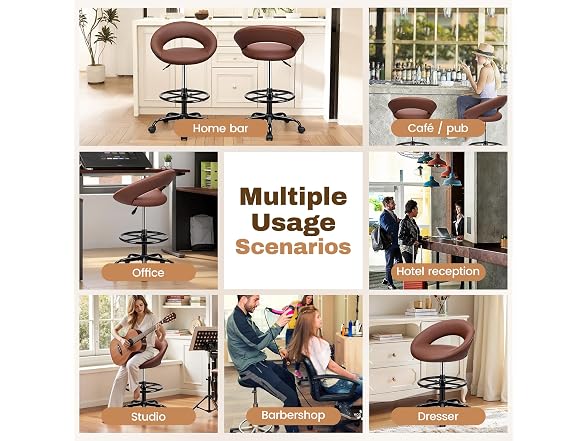 Drafting Chair with Back, Height Adjustable Rolling Stool with Foot Rest, Tall 360° Swivel Stool PU Leather Chair with Wheels for Home Office, Standing Desk, Brown (Open Box) - Gallery 8