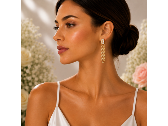 18K Gold Baguette CZ Drop Earrings