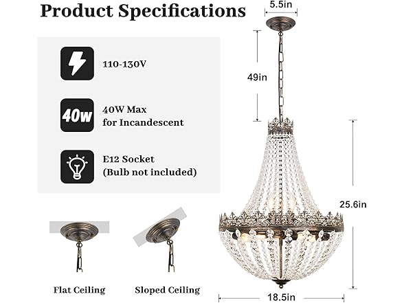 Crystal Chandelier for Dining Room, 18.5" Antique French