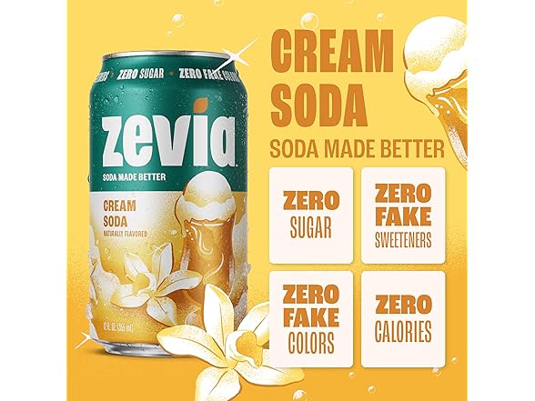 Zevia Zero Sugar Soda, Cream Soda, 12 oz Cans (8-Pack)