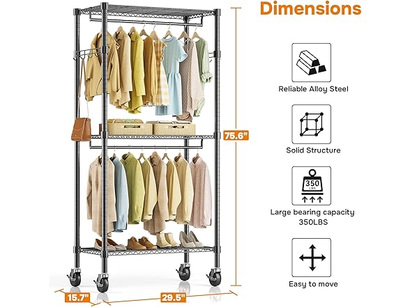 Simple Deluxe Rolling Clothes Rack, Black