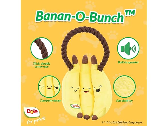 Dole for Pets Dog Rope Toy with Squeakers, Banana