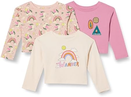 Amazon Essentials Girls' Long Sleeve T Shirts, Pack of 3, Badges/Unicorn/Wander, Medium