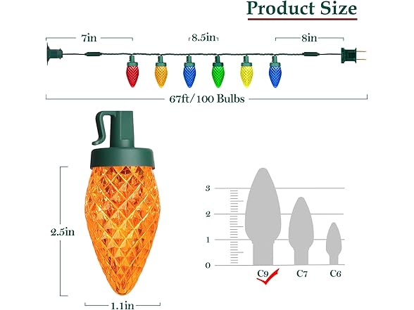 C9 LED Christmas Lights, 67FT 100 Bulbs