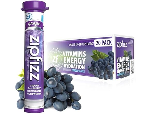 Zipfizz Daily Energy Drink Powder, Grape, 20 Pack