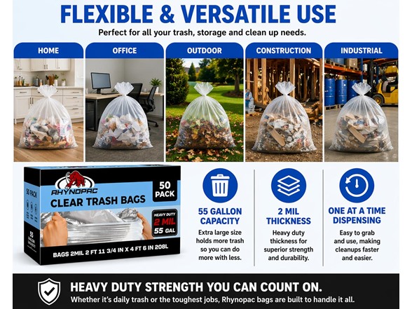 55 Gallon 2 Mil Clear Trash Bags