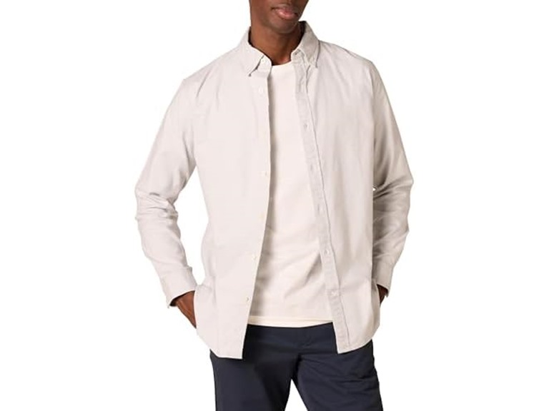 Amazon Essentials Men's Long-Sleeve Regular-Fit Stretch Oxford Shirt (Available in Big & Tall), Light Grey, Medium