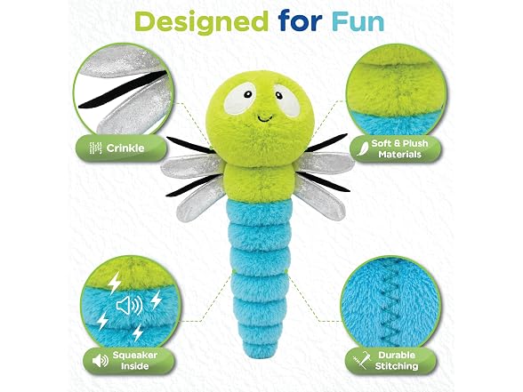 Bow Wow Pet Squeaky Plush Dog Toy with Crinkle Dragonfly