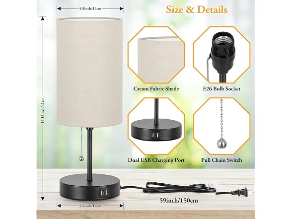 Lakumu  2 Sets Table Lamps with 2 USB, Black Metal