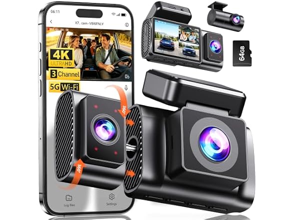 Winail Dash Cam Front Rear 4K 3-Channel