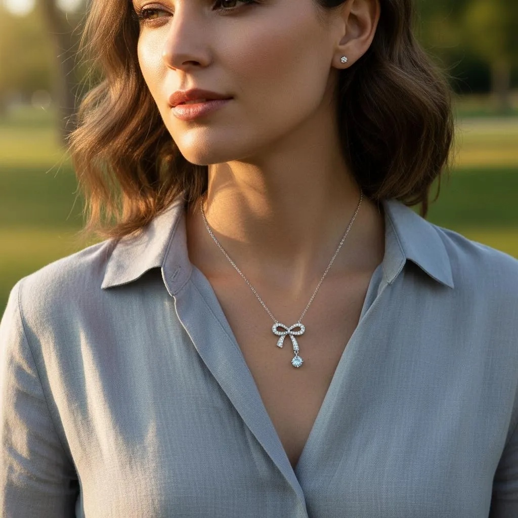 Bow Drop Turquoise Moissanite Necklace - Gallery 5