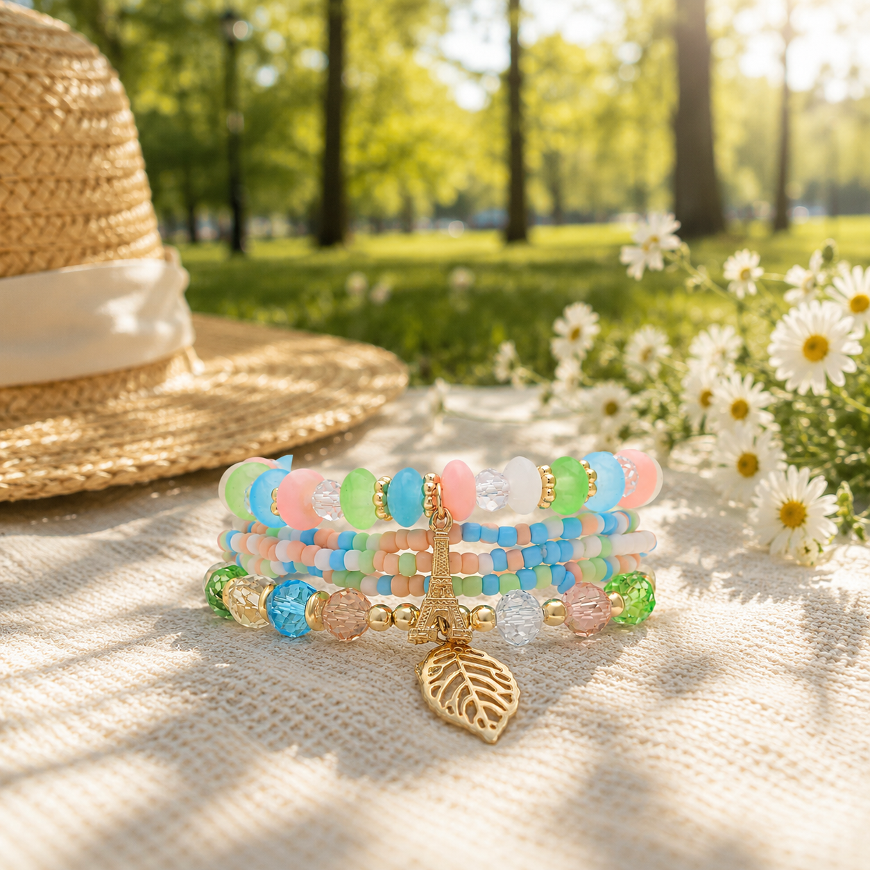 Stretch Beaded Bracelet Stack with Leaf Charm - Gallery 6