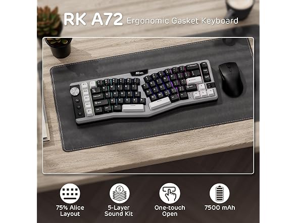 RK ROYAL KLUDGE A72 Alice Ergonomic Wireless Keyboard