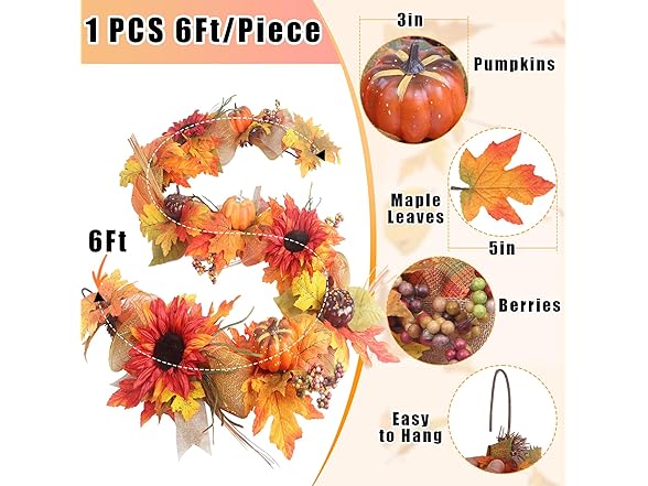 TISEMENT Fall Garland for Mantle, 6FT Fall Leaves Pumpkin