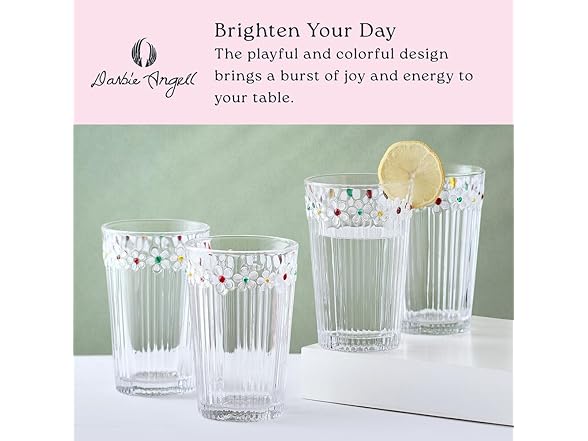 Darbie Angell Painted Daisy Highball Glasses Set of 4