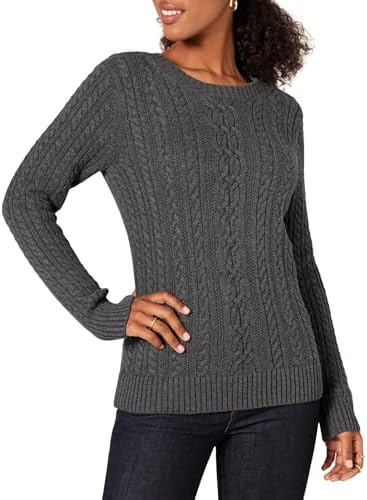 Amazon Essentials Women's Soft Fisherman Cable Long-Sleeve Crewneck Sweater (Available in Plus Size), Charcoal Heather, Medium