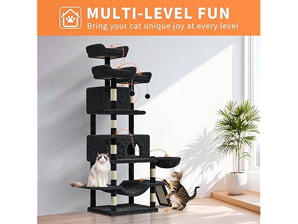 68.5 in Multi-Level Cat Tree for Indoor Cats Dark-Grey