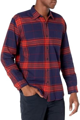 Amazon Essentials Men's Long-Sleeve Flannel Shirt (Available in Big & Tall), Dark Blue Orange Large Plaid, X-Small