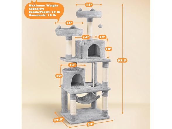 Yaheetech 62.5inches Cat Tree Cat Tower, Lt Gray