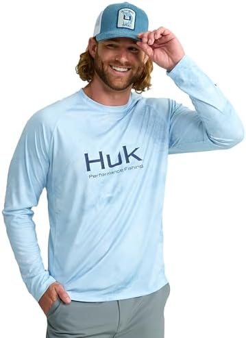 HUK Men's Standard Pursuit Pattern Crew Sleeve, Performance Shirt, Mossy Oak-Calmwater Arctic