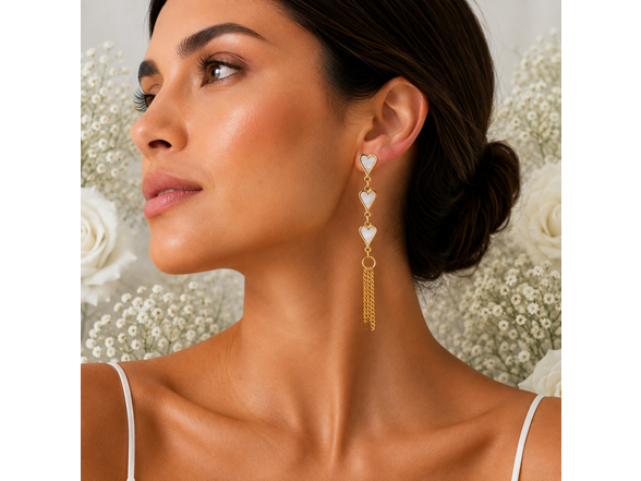 18K Gold Pearl Heart Tassel Earrings