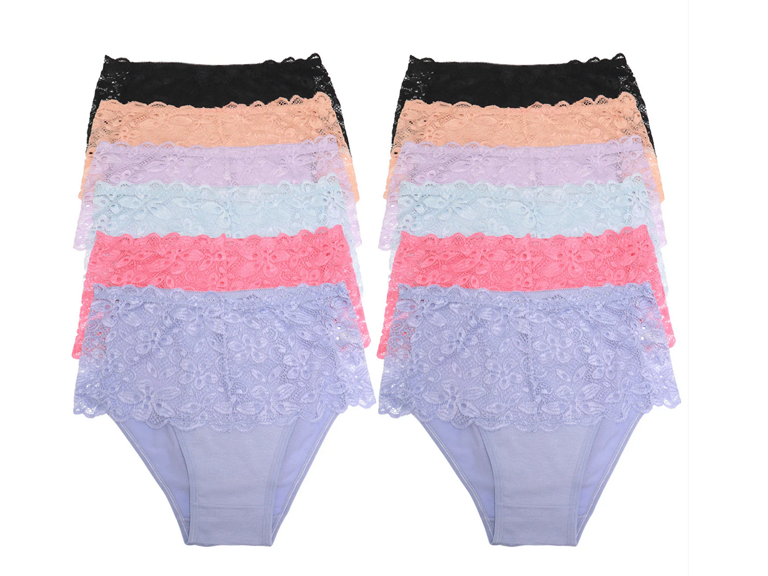 Angelina G6836_ASST_6_US Small (0-2) Mid Rise Cotton Brief Panties with Lace Front Assorted (6 Pack)
