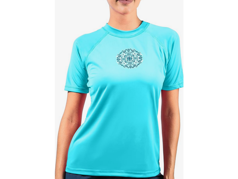 Kanu Surf Women's Breeze UPF 50+ Short Sleeved Active Rashguard & Workout Top, Juliette Aqua, Small