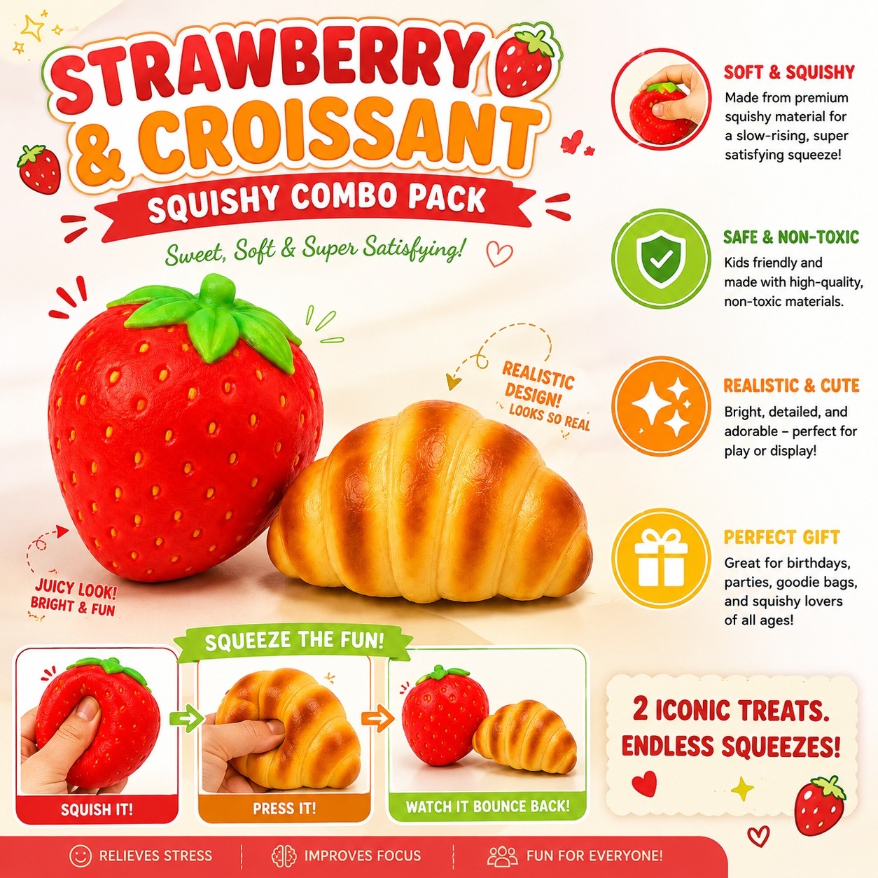 2Pk Squishy Strawberry+Croissant - Gallery 6
