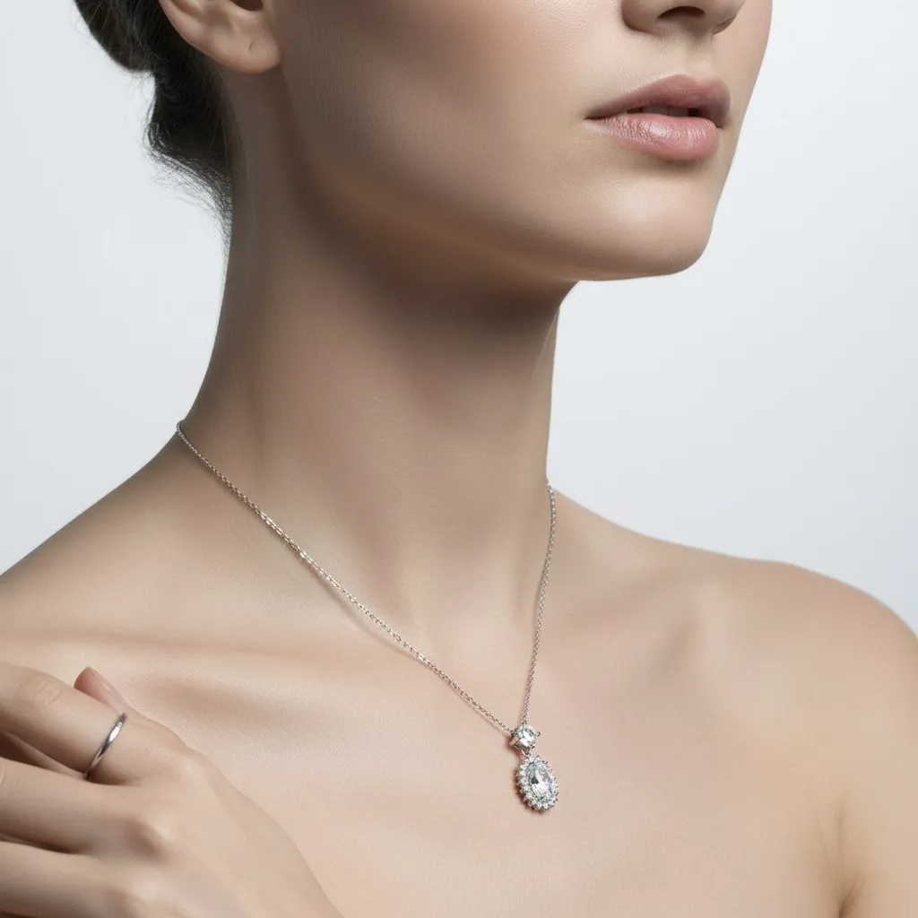 Moissanite Diamond Oval Halo Necklace - Gallery 6