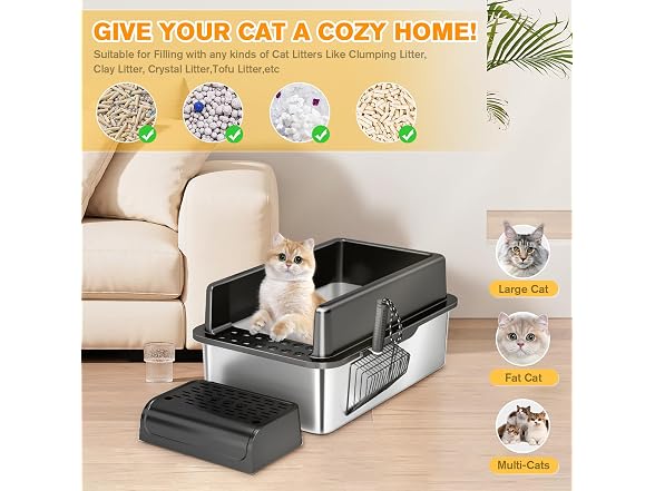 XSBAIHUO Stainless Steel Cat Litter Box with Lid