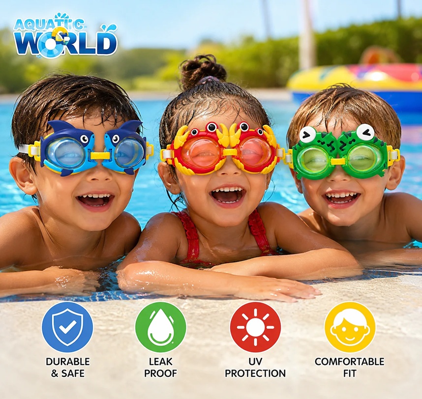 Kids Swim Goggles 3PK Crab Frog & Shark - Gallery 7
