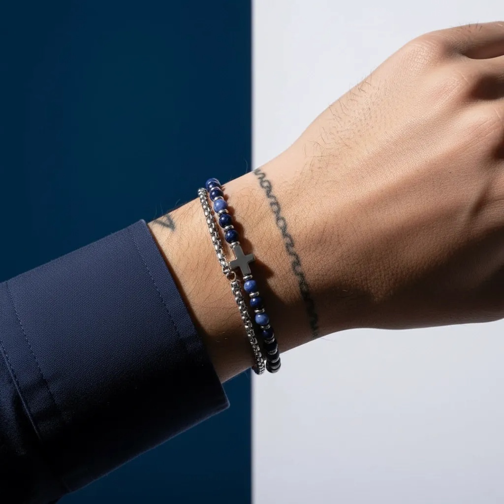 Mens Popcorn Chain & Bracelet w-Cross - Gallery 14