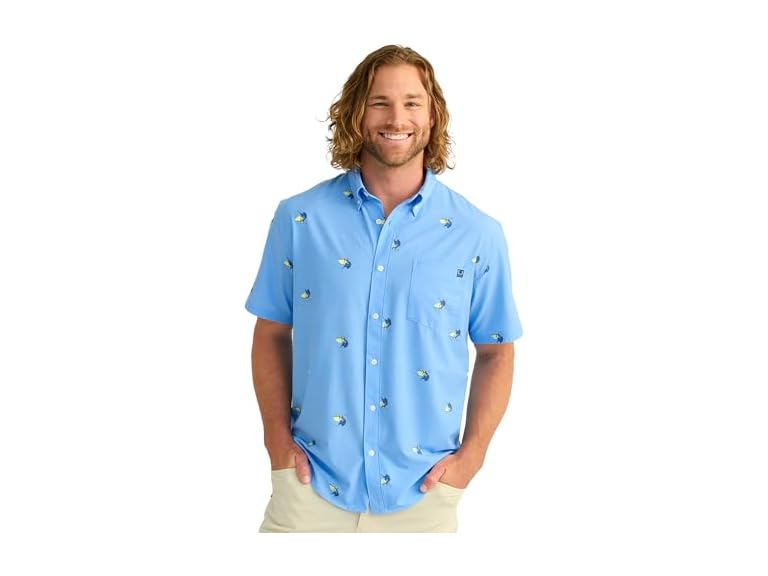 HUK Men's Standard Kona Pattern Short Sleeve Fishing Button Down Shirt, Marolina Blue 2.0