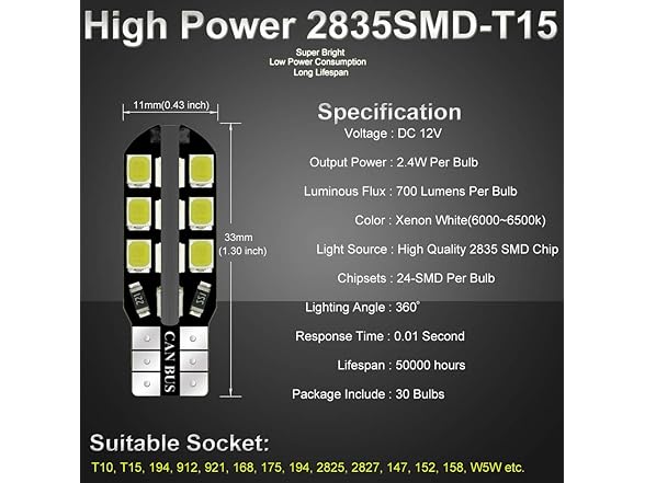 Debonauto-30 x T15 LED Light Bulb - 30 Pack